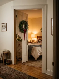 Cream faux fur throw adding winter luxury to a Christmas bedroom