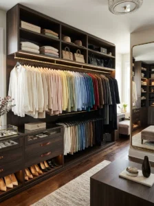 Color-coordinated clothing organization in a walk-in closet.