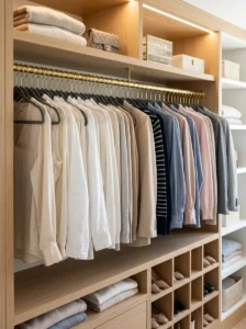 Matching velvet hangers organizing clothing in a walk-in closet.