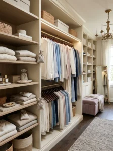 Lavender sachets placed among clothing in a walk-in closet.