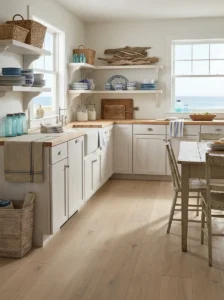Sandy beige wide-plank flooring in a coastal kitchen
