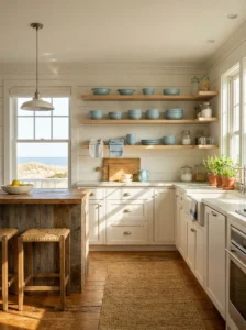 White shiplap paneling adding texture to a coastal kitchen