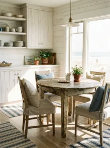 Weathered reclaimed wood dining table in a coastal kitchen nook