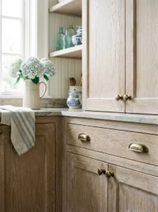 Aged brass cabinet hardware on whitewashed coastal kitchen cabinets