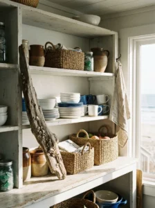 Driftwood accent displayed on open shelving in a coastal kitchen