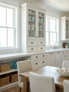 Glass-front cabinets displaying blue and white dishware in a coastal kitchen