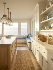 Natural rope pendant lights adding coastal texture to a kitchen