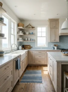 Whitewashed oak cabinetry in a bright coastal kitchen