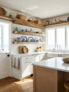 Open wood shelving displaying dishware in a coastal kitchen