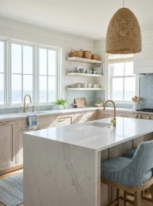 Light quartz countertop with subtle gray veining in a coastal kitchen