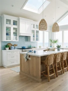 Soft blue and white color palette in a coastal kitchen