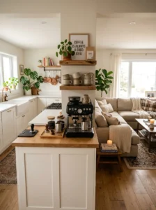 Cozy coffee station creating a shared ritual space in an open concept home