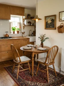 Small kitchen dining area with a vintage patterned rug under the table