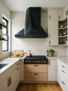 Small kitchen with a dramatic black statement range hood