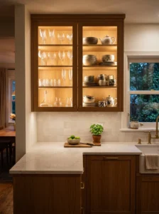 Small kitchen with a compact movable wood and black metal island