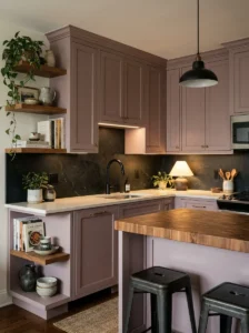 Muted mauve kitchen cabinets with aged brass hardware