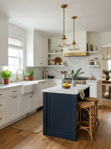 Small kitchen with a contrasting navy island and white cabinets