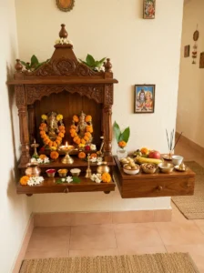 Fresh flowers arranged as an offering in a peaceful pooja room