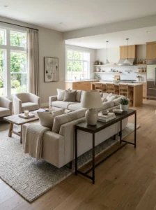 Console table behind a sofa defining zones in an open concept room