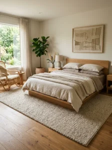 “Modern bedroom with warm wood flooring and a natural wool rug”
