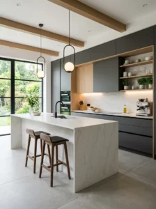 Modern kitchen with marble-look porcelain slab countertops.