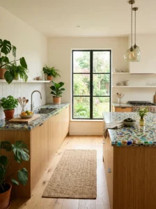 Recycled glass countertop with colorful embedded fragments.