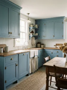 Dusty blue kitchen cabinets with brass hardware and wood countertops
