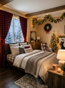 Red buffalo check curtains in a Christmas bedroom