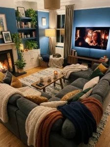 t: Cozy TV room with soft throw blankets, cushions, and a plush area rug.