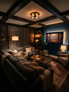 TV room with full-length blackout curtains creating a dark viewing environment.