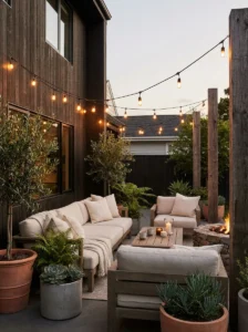 Warm string lights hanging over a cozy backyard patio