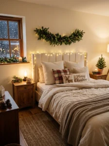 Warm white fairy lights decorating a Christmas bedroom headboard