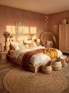 arm terracotta bedroom walls with natural wood and woven textures