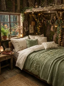 Woodland-inspired green and cream bedding in a fairy bedroom.
