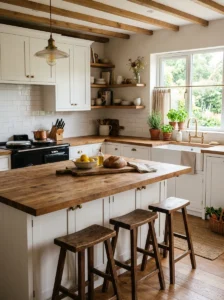 Warm butcher block countertop on a kitchen island.