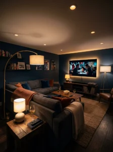 t: TV room with layered dimmable lighting and warm ambient lamps.