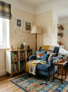 Cozy reading corner with a soft chair and bookshelf in a boy’s bedroom.