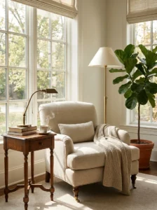 Cozy accent chair creating a dedicated reading nook in a living room.
