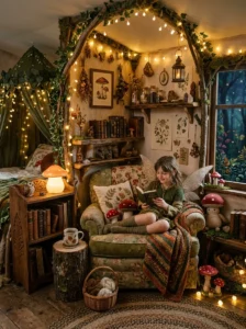 Cozy reading nook with a cushioned chair and fairy lights.