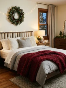 Cranberry chunky knit throw blanket on a Christmas bedroom bed
