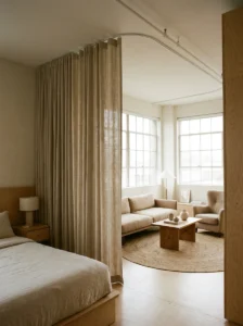 Curved ceiling-mounted curtains creating a private sleeping area in a studio apartment.