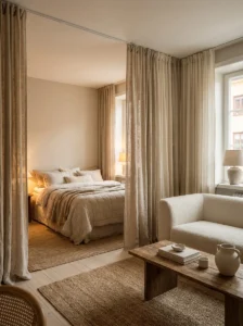 Ceiling-mounted curtains dividing a bedroom area from a studio apartment living space.