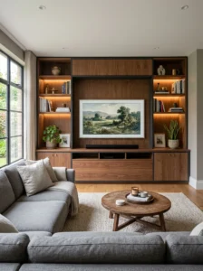 Built-in media wall with television, integrated shelving, cabinets, books, and décor.