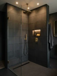 Dark bathroom vanity with a light marble stone countertop