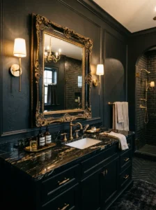 Dark bathroom with layered recessed lighting and warm white bulbs