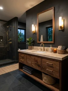Warm walnut vanity against deep charcoal bathroom walls