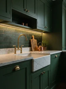 Dark green kitchen cabinets paired with elegant warm brass hardware.