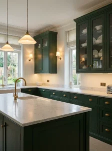 Dark green kitchen with glass-front cabinets displaying white dishes.