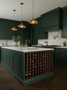 Built-in wine storage feature integrated into a dark green kitchen island.