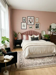 Personalized sophisticated pink bedroom with elegant layered décor.